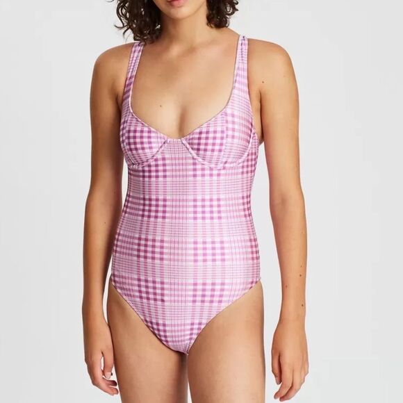 NWT Faithfull The Brand Mona Swim One-Piece in Djerra Check Print Pink Iris - Picture 1 of 6